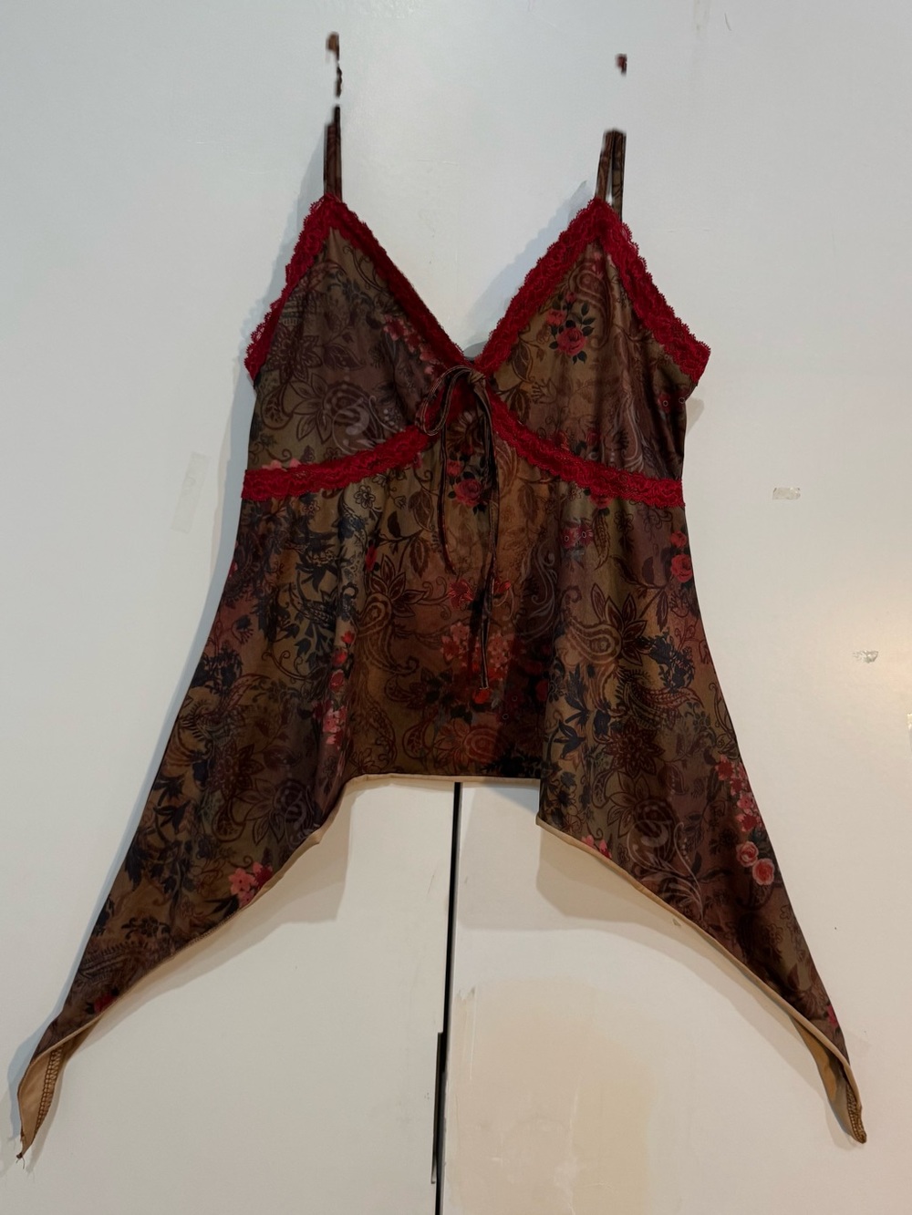 Handkerchief Hem Adjustable Strap Boho Y2K  Top Deep Earth Brown Red Pattern